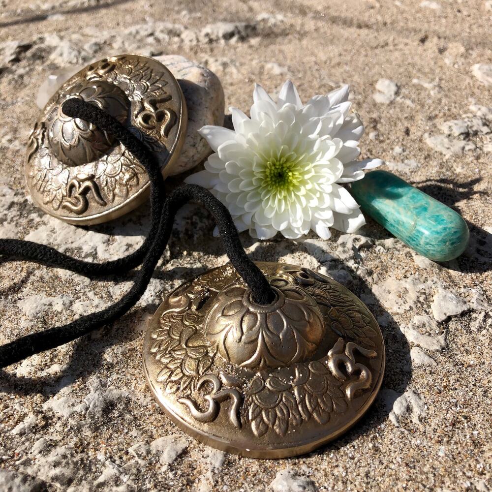 Brass Tingsha Bells, Om Symbol Meditation Sound Healing Energy Hand Cymbals